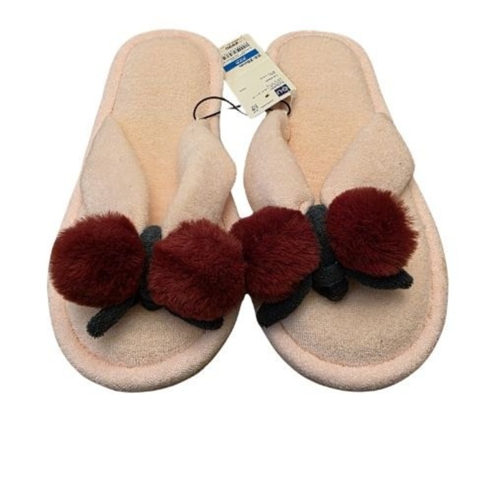 GU Japan Women M Pink Terry Cherry Pom Pom Room Shoe Slipper NEW Softgirl Barbie